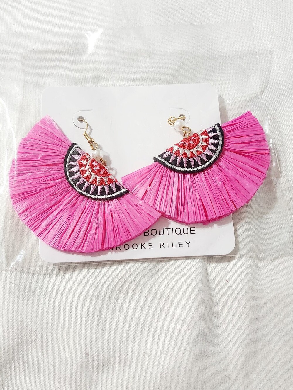 Source Unknown Hot Pink Fan Tassel Earrings with Embroidered Accent